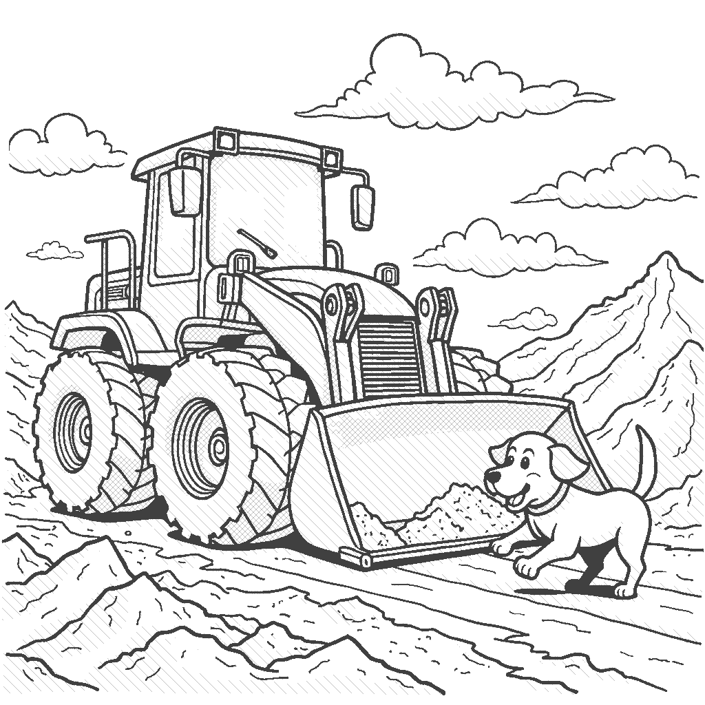 Coloring Page: Bulldozer in Action - A bulldozer is pushing a large pile of dirt on a construction site. A cheerful little dog is running alongside, barking excitedly as it tries to keep up with the mighty machine.