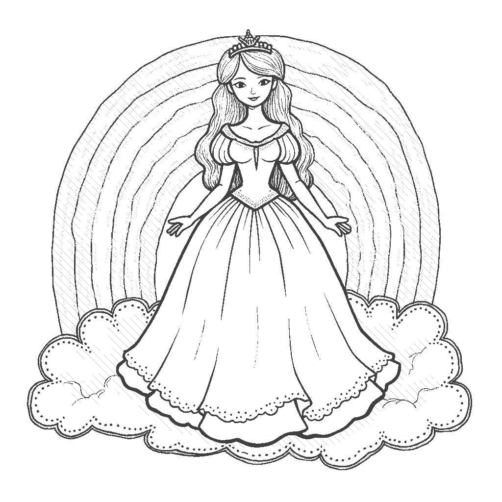 Coloring Page: Princess of the Rainbow - A whimsical princess standing on a floating cloud surrounded by colorful rainbows, with butterflies fluttering around her. The sky is a vibrant blue with fluffy white clouds.