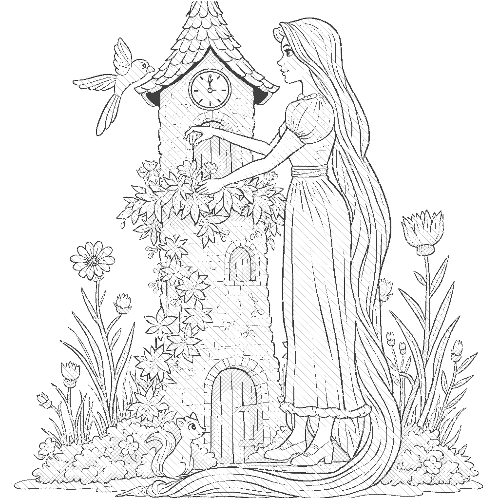 Coloring Page: Rapunzel's Tower Garden - Rapunzel is standing at the top of her tall tower, tending to a magical garden that grows colorful flowers and singing birds. Her long hair is cascading down, and there's a curious squirrel peeking out from behind a bush.