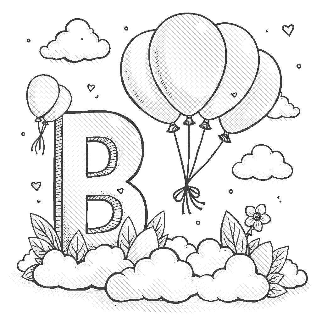 Coloring Page: B is for Balloon - A big, colorful balloon floating in the air alongside a bold letter B, with clouds in the background.