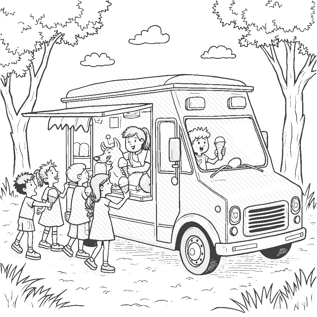 Coloring Page: The Ice Cream Truck's Busy Day - An ice cream truck is parked in the park, surrounded by excited children. The truck is brightly colored, and the ice cream vendor is serving up cones while a dog jumps up in excitement for a treat.