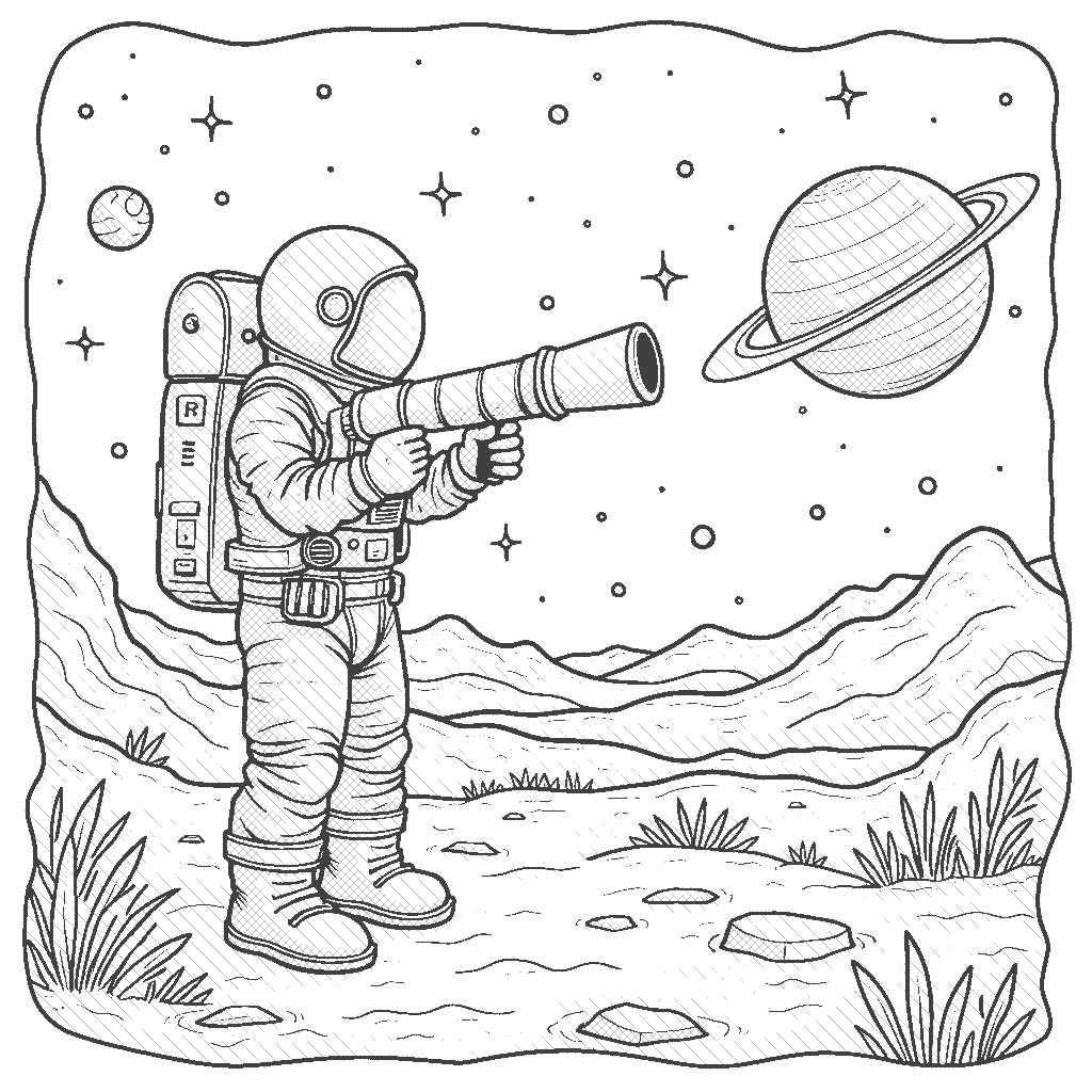 Coloring Page: Galactic Observatory - An astronaut stands on the surface of a moon, gazing through a high-tech telescope at the stars. The background features a breathtaking view of a nearby planet with rings.