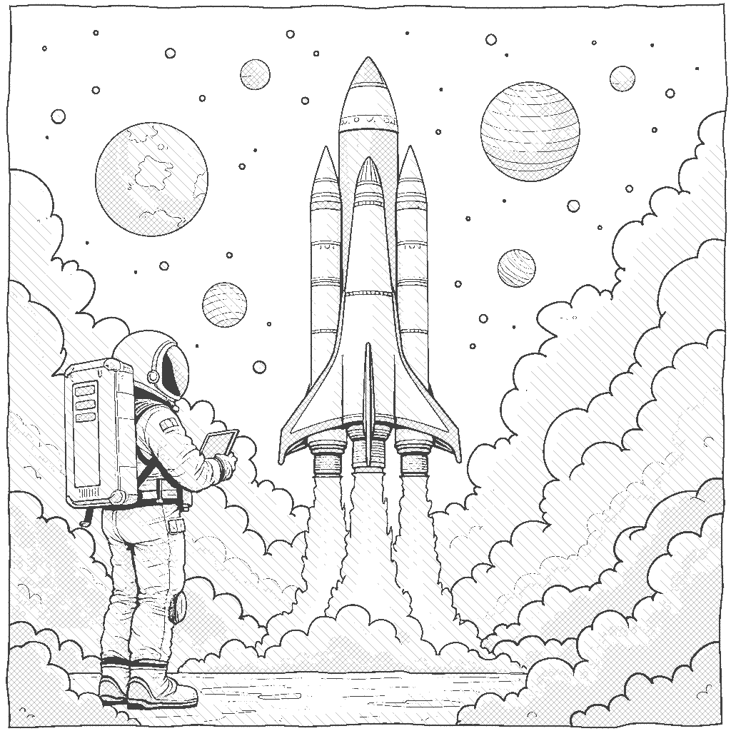 Coloring Page: Rocket Launch - A rocket prepares for launch on a space station. The scene is filled with excitement as an astronaut conducts final checks while colorful rockets and planets are visible in the background.