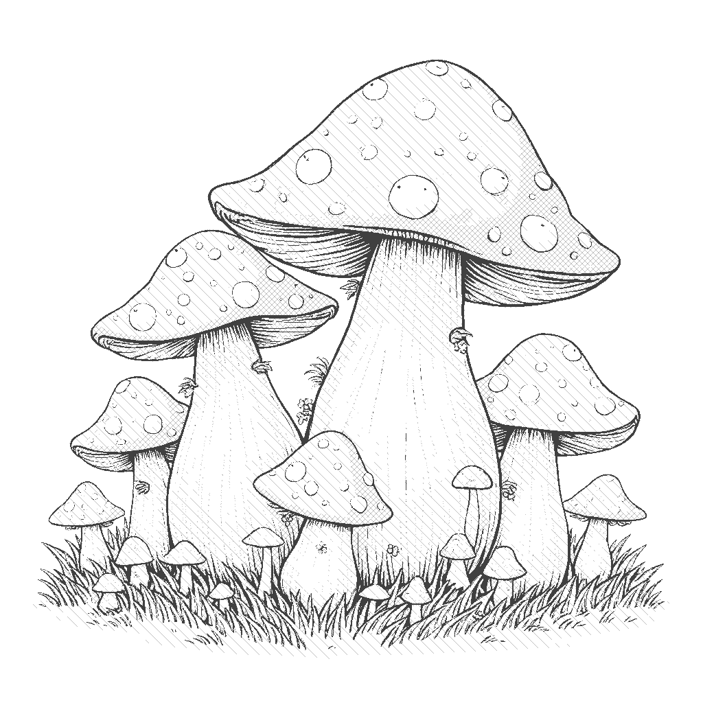 Coloring Page: Mushroom Village - A magical cluster of pastel-colored mushrooms nestled among the fallen leaves, with tiny woodland creatures peeking out from behind them.