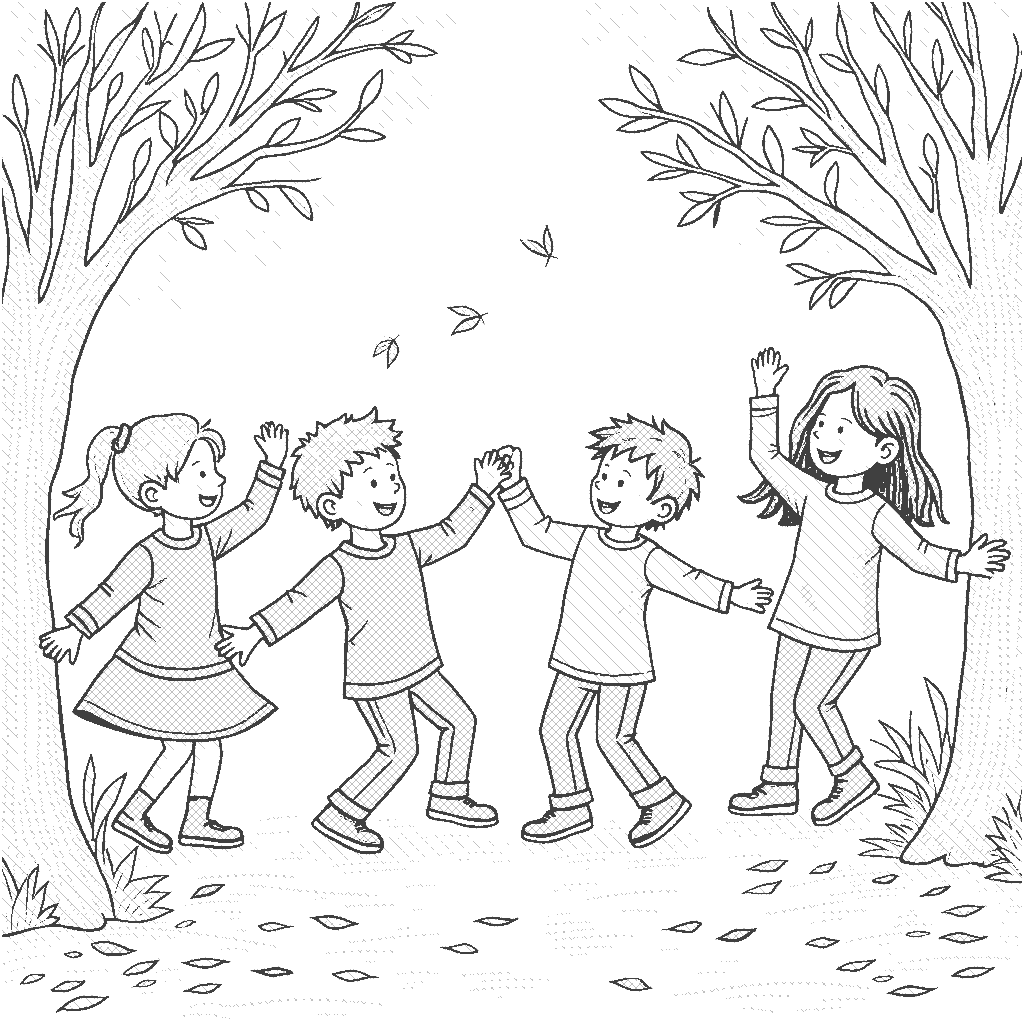 Coloring Page: Falling Leaves Dance - A joyful scene of children swirling and dancing among falling leaves, showing vibrant reds, oranges, and yellows in the air, with a bright blue sky above.