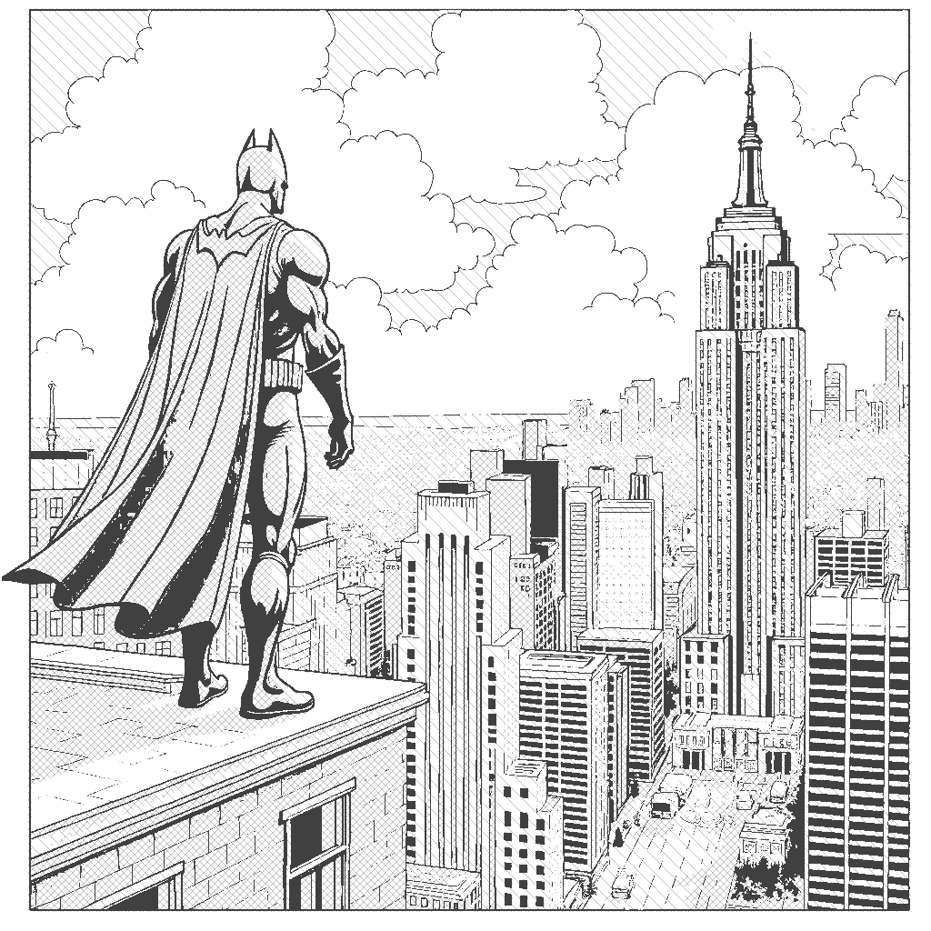 Coloring Page: The Shadow on the Rooftop - A superhero in a dark cape stands on a rooftop overlooking the city, ready to leap into action. Below, a villain with a sinister gadget is plotting to cause chaos in the streets.
