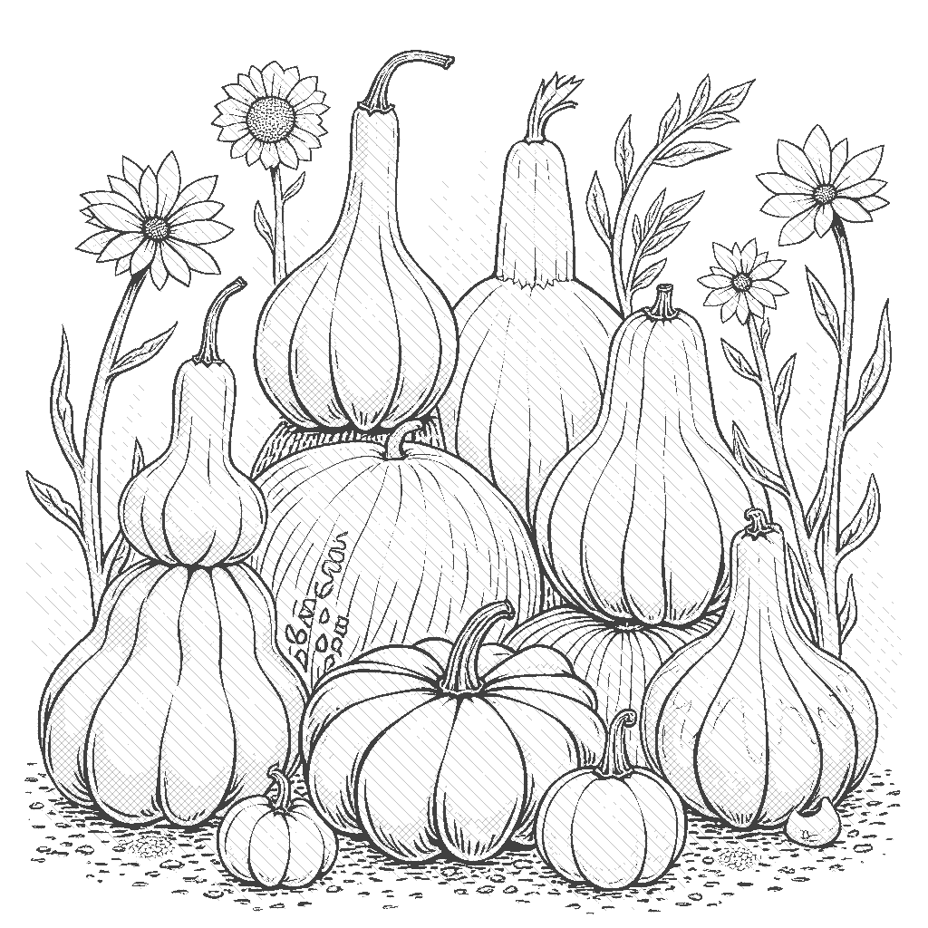 Coloring Page: Gourd Gala - A dazzling display of multicolored gourds and squashes arranged artfully on a picnic table, surrounded by a backdrop of sunlit fall scenery.