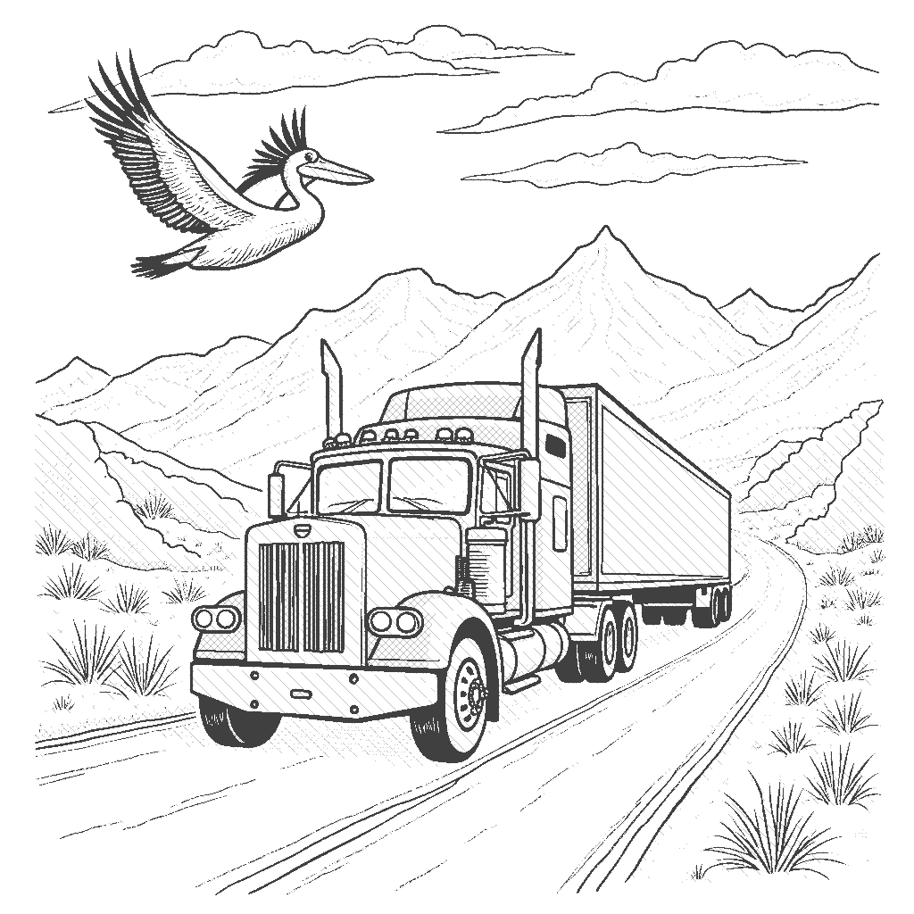 Coloring Page: Transporter Truck on the Highway - A big transporter truck driving along a winding highway with mountains in the background, and a pelican flying overhead.