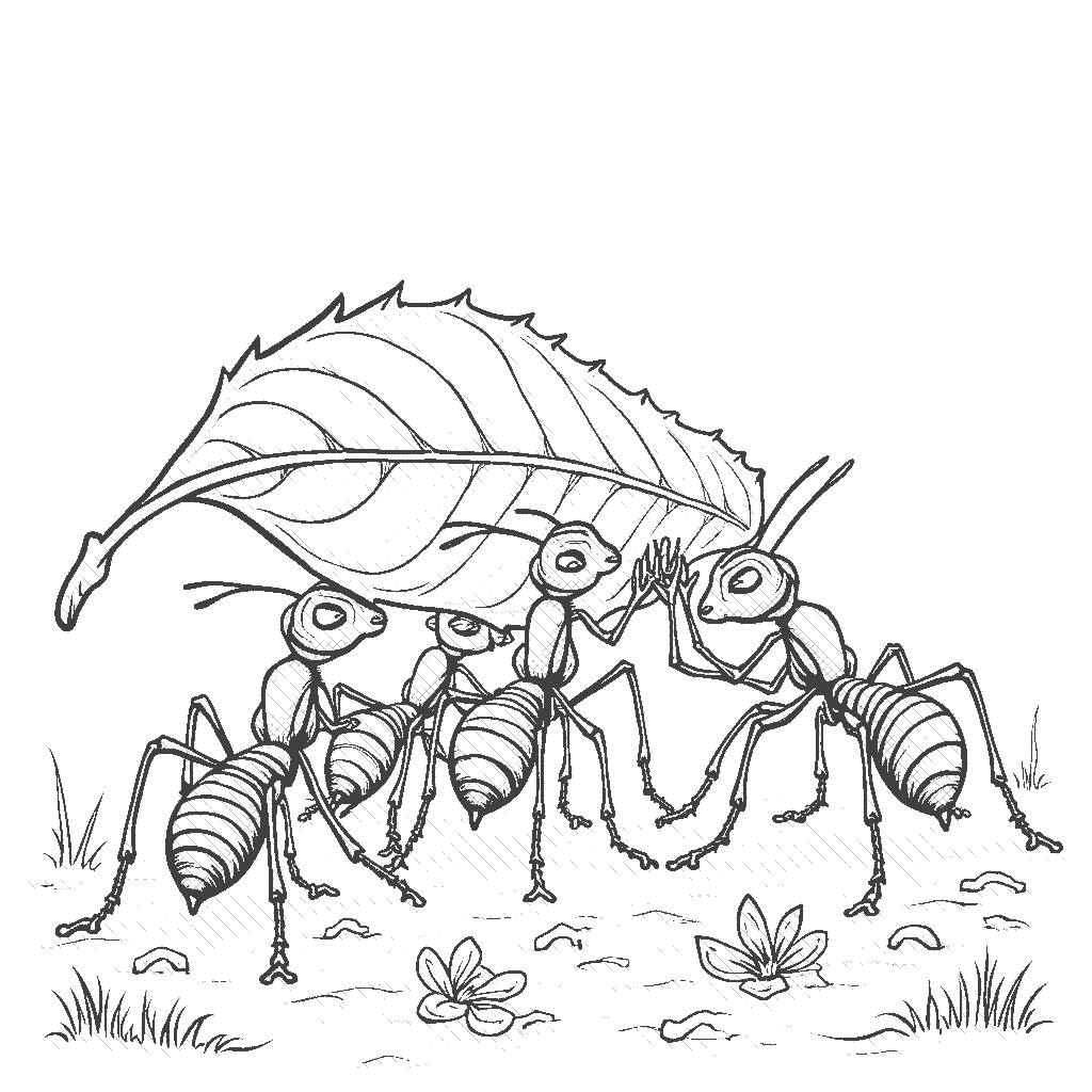 Coloring Page: Ants Working Together - A group of determined ants carrying a large leaf back to their anthill, working together in perfect harmony. The ground is scattered with tiny flowers and fallen twigs.
