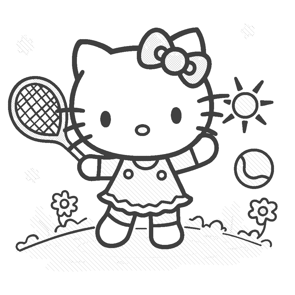 Coloring Page: Hello Kitty Playing Tennis - Show Hello Kitty playing tennis on a lively court, dressed in a cute white tennis outfit, hitting a bright yellow tennis ball with a pink racket, under a sunny sky.