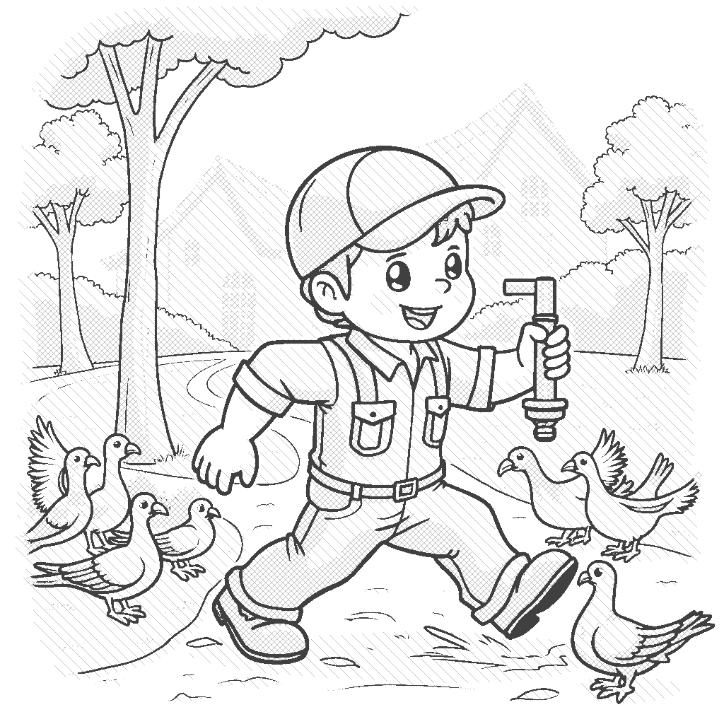 Coloring Page: The Plumbing Rescue - A skilled plumber, wearing a bright blue uniform, rushes to fix a burst pipe in a colorful park. Meanwhile, a mischievous group of pigeons gathers nearby, watching curiously and flapping their wings.