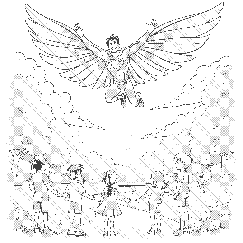 Coloring Page: The Flying Guardian - A superhero with bright wings soars above a park, where children play and look up in awe. The sun is setting, casting a golden glow around them.