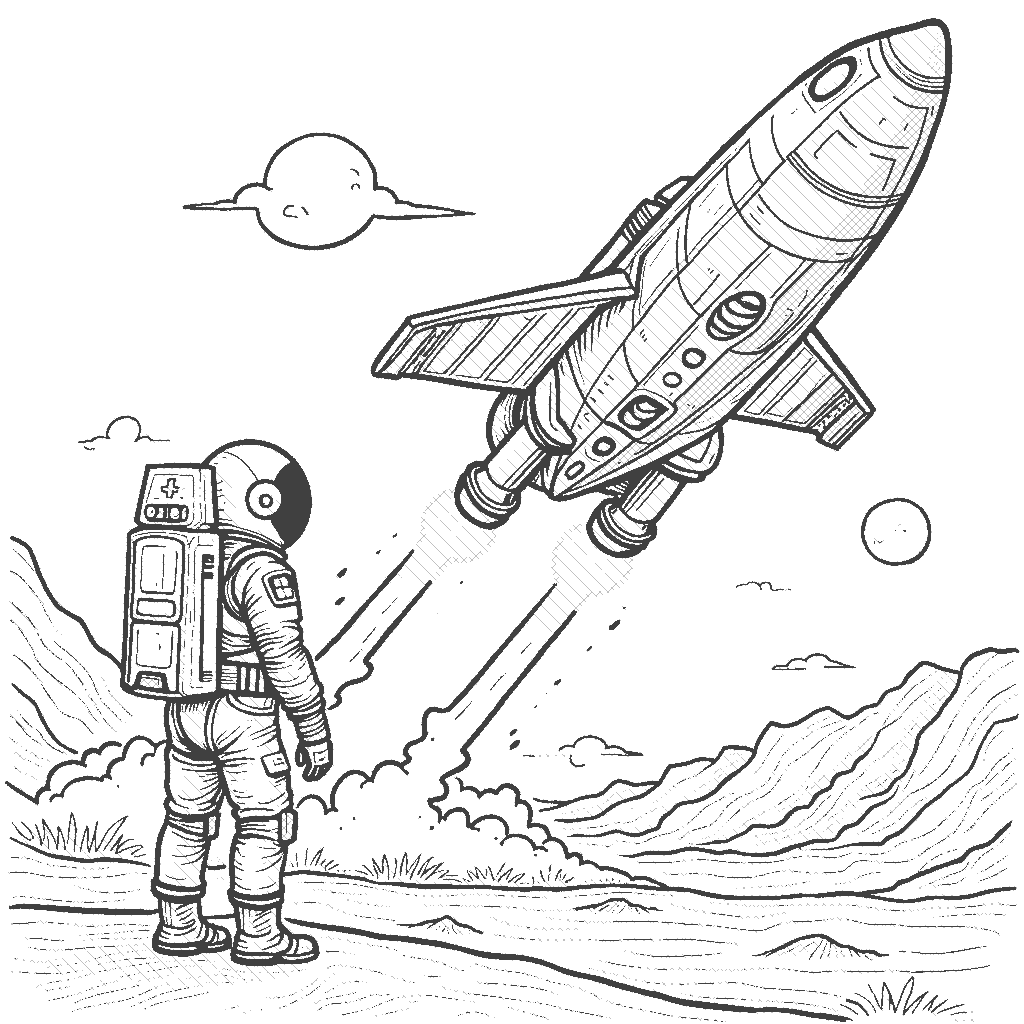 Coloring Page: Spaceship Launch - A sleek spaceship with colorful designs lifts off from a planet's surface, creating a plume of smoke, with a lone astronaut watching from the ground.