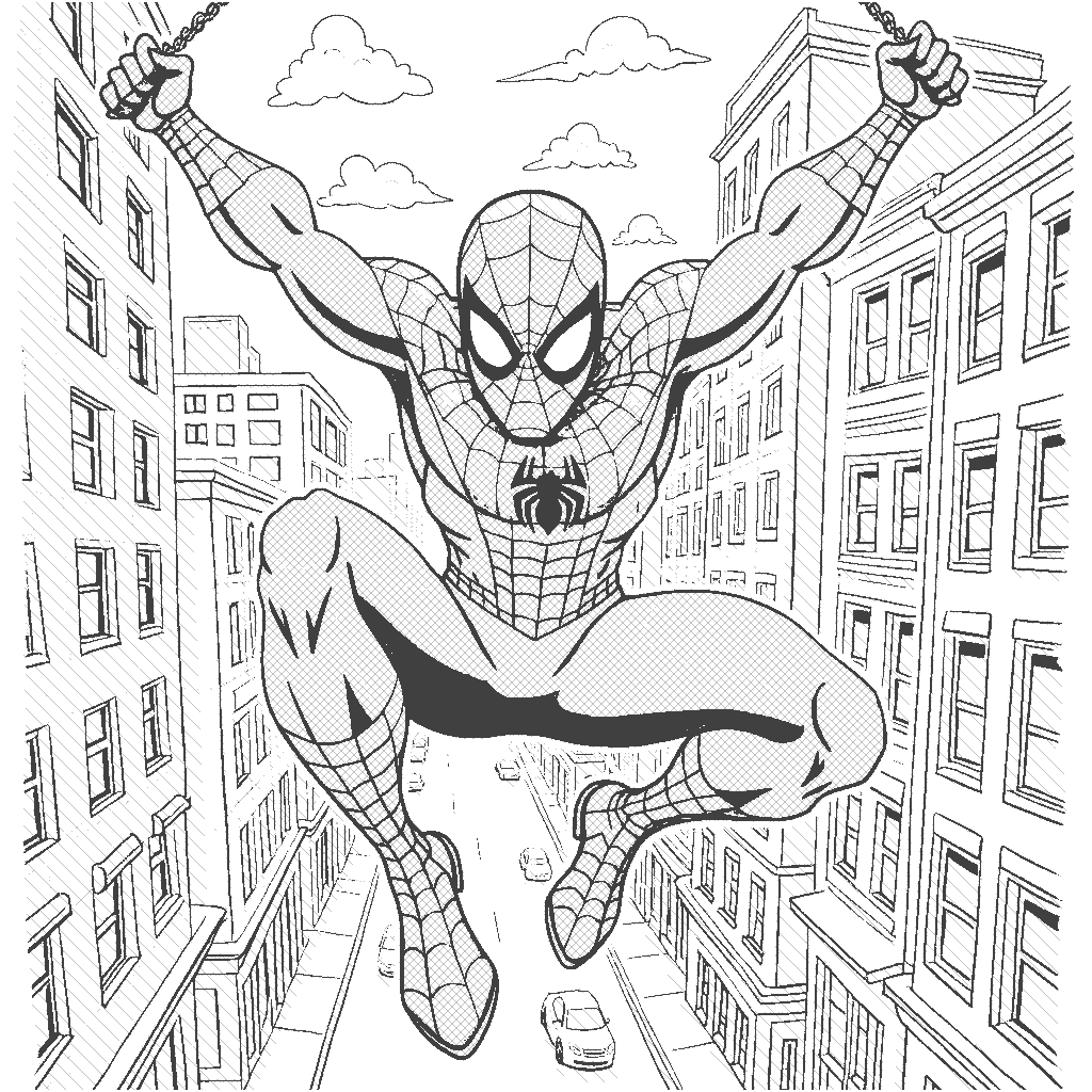 Coloring Page: Web-Slinger in Action - A superhero swinging through the city using webs, with skyscrapers and bustling streets below.