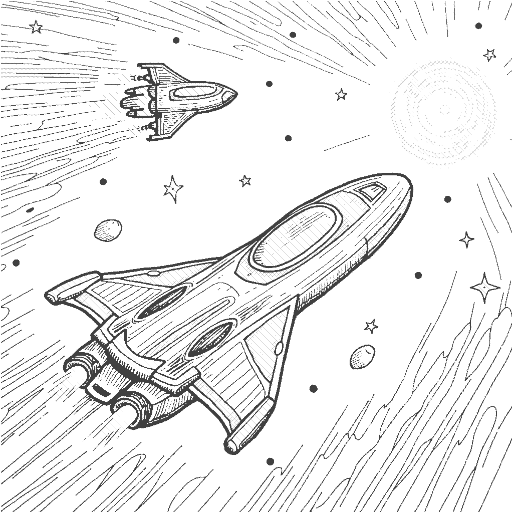 Coloring Page: Spaceship Adventure - A sleek spaceship zooming through the cosmos, leaving a trail of stardust. Nearby, a comet sheds its beautiful tail, creating a magical light show in space.