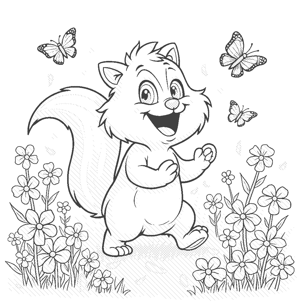 Coloring Page: The Skunk's Flower Power - A playful skunk is happily frolicking through a field of flowers, leaving a trail of colorful petals behind it. The skunk has a big smile and is surrounded by butterflies that seem to enjoy the cheerful atmosphere.