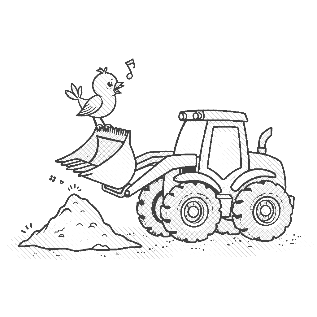 Coloring Page: Bulldozer and the Hill - A cheerful bulldozer is pushing a pile of dirt on a small hill, while a little bird is perched on its blade singing a happy tune.