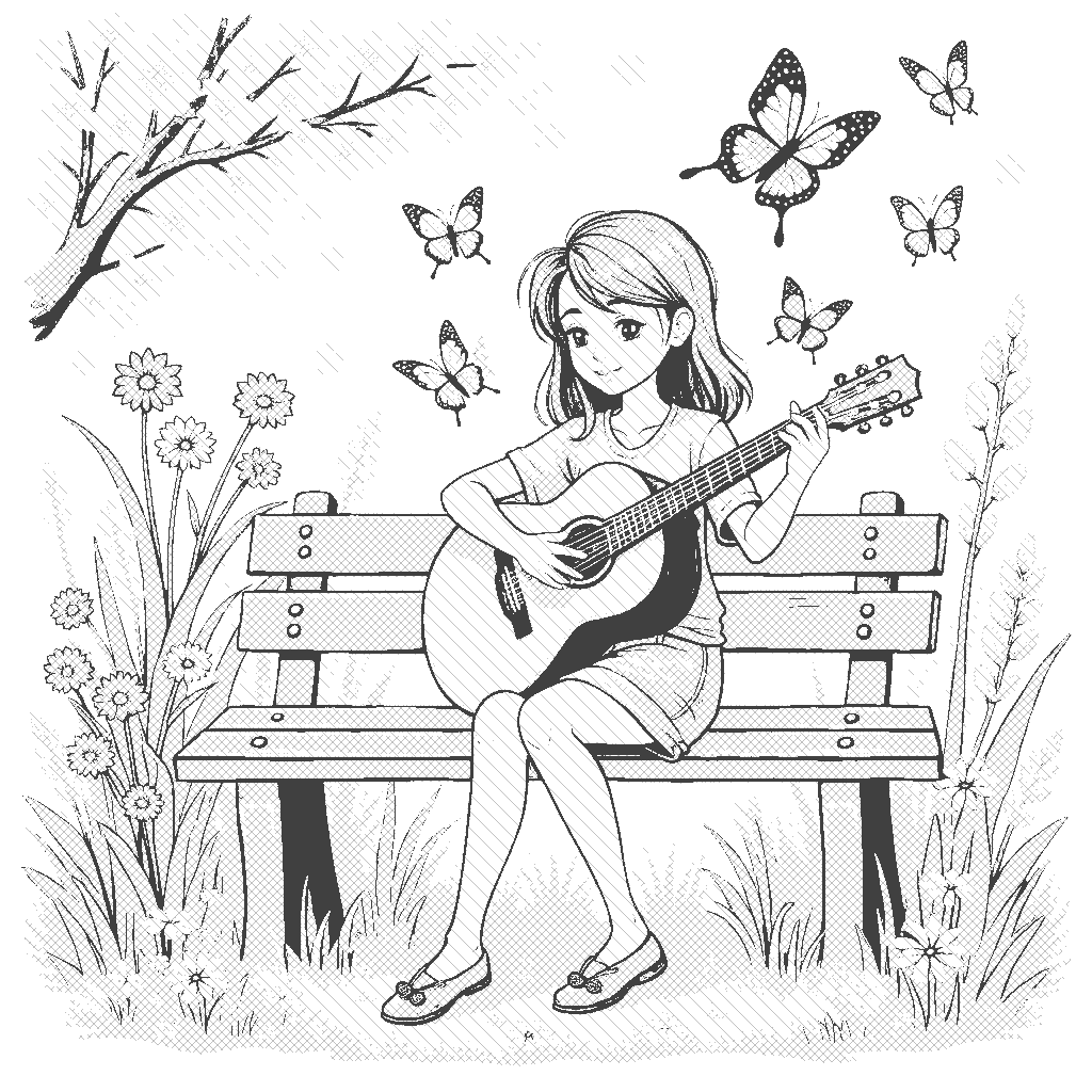 Coloring Page: Guitar Serenade - A young woman sitting on a park bench strumming her acoustic guitar, surrounded by colorful flowers and butterflies dancing in the air.