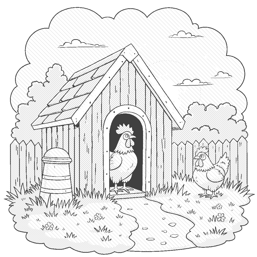 Coloring Page: Chickens in the Coop - A cozy chicken coop with two chickens peeking out from inside. The sun is setting behind the coop, casting a warm glow over the scene, and a grain feeder is visible nearby.