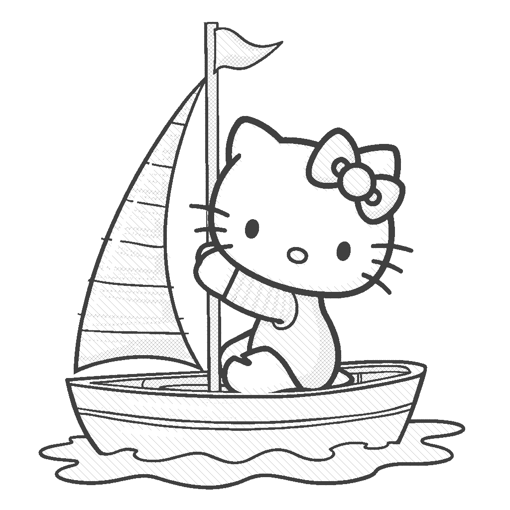 Coloring Page: Hello Kitty Sailing - Illustrate Hello Kitty on a colorful sailboat, sailing across a sparkling blue sea, with a soft breeze blowing her multi-colored sails and little fish jumping in the waves.