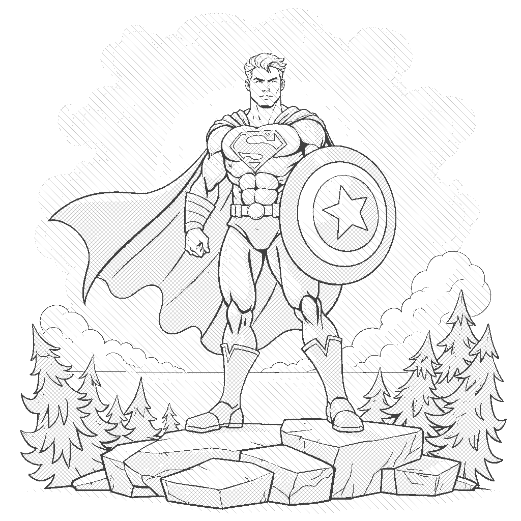 Coloring Page: The Enchanted Shield - A superhero holds a shining shield, standing boldly on a hilltop with the sun setting behind them. This character is ready to defend the innocent.