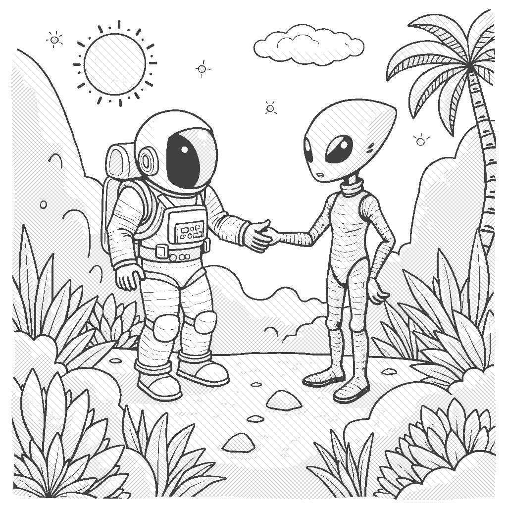 Coloring Page: Planetary Encounter - An astronaut extends a hand towards a friendly alien being on a vibrant planet, with colorful plants and peculiar creatures all around them.