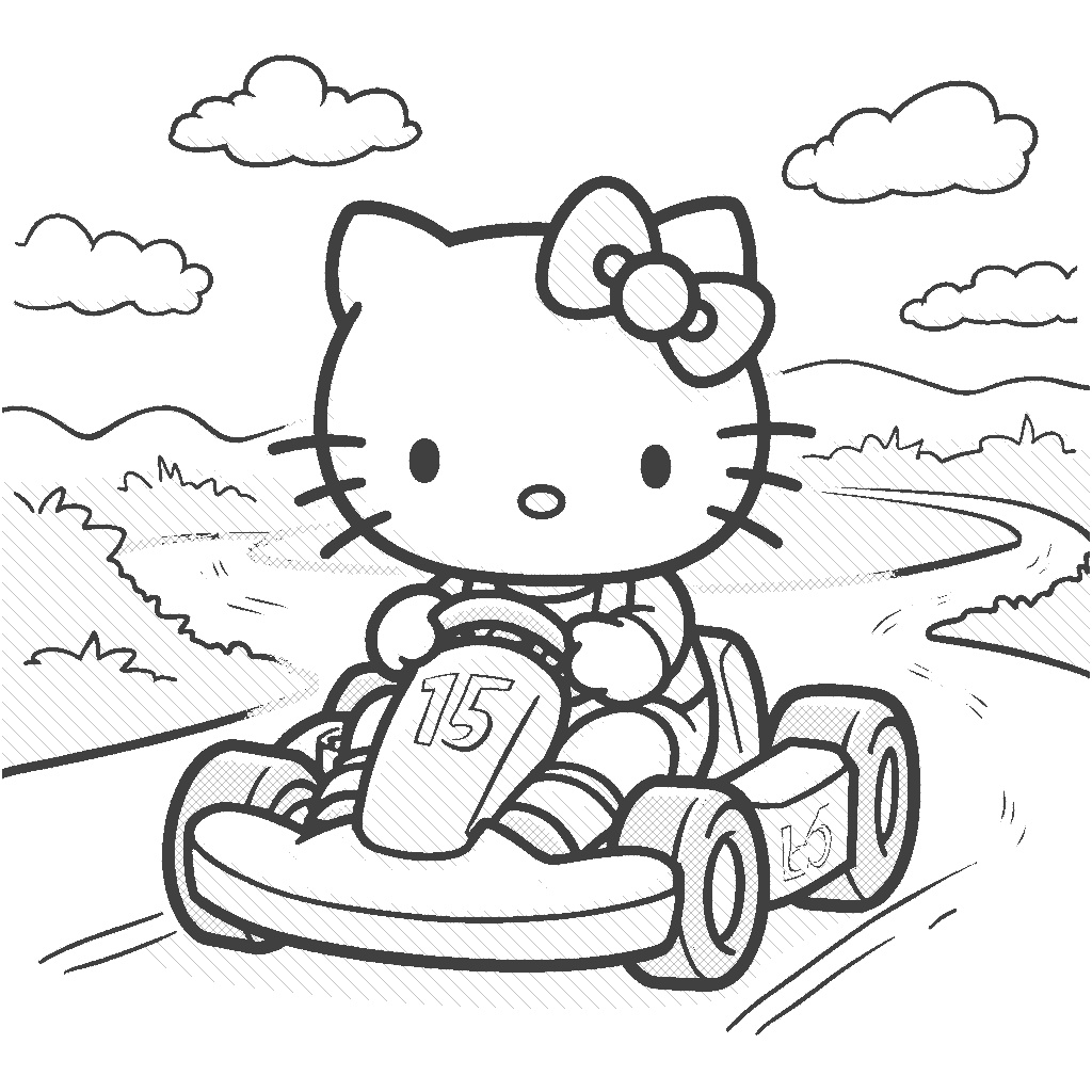 Coloring Page: Hello Kitty At The Race Track - Show Hello Kitty in a go-kart racing on a winding track, with a colorful checkered flag and cheering friends in the background.