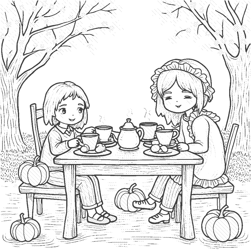Coloring Page: Autumn Tea Party - An inviting table set with autumn-themed teacups, colorful leaves as place mats, and pumpkin-shaped cookies as decorations, surrounded by trees bursting with orange and yellow foliage.
