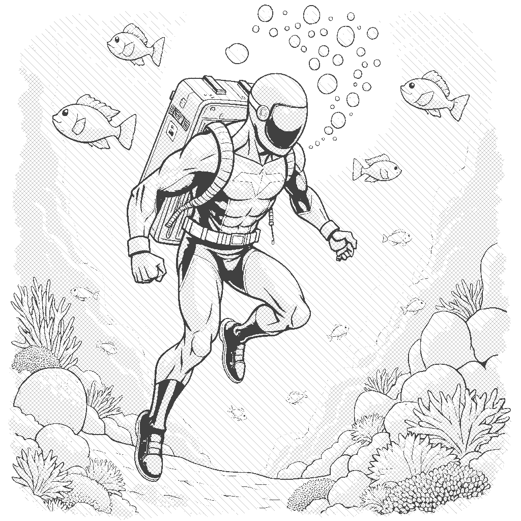 Coloring Page: Underwater Adventure - A superhero with a sleek suit that allows for underwater travel, surrounded by colorful fish and coral, exploring the ocean depths. Bubbles rise around them, adding to the sense of movement and adventure.