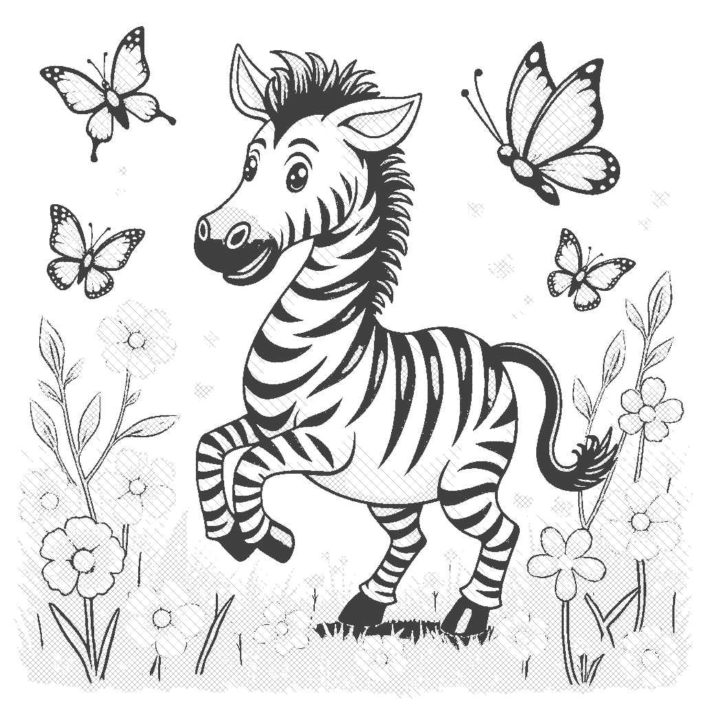 Coloring Page: Dancing Zebra - A playful zebra dancing in a field of flowers, with butterflies fluttering around.