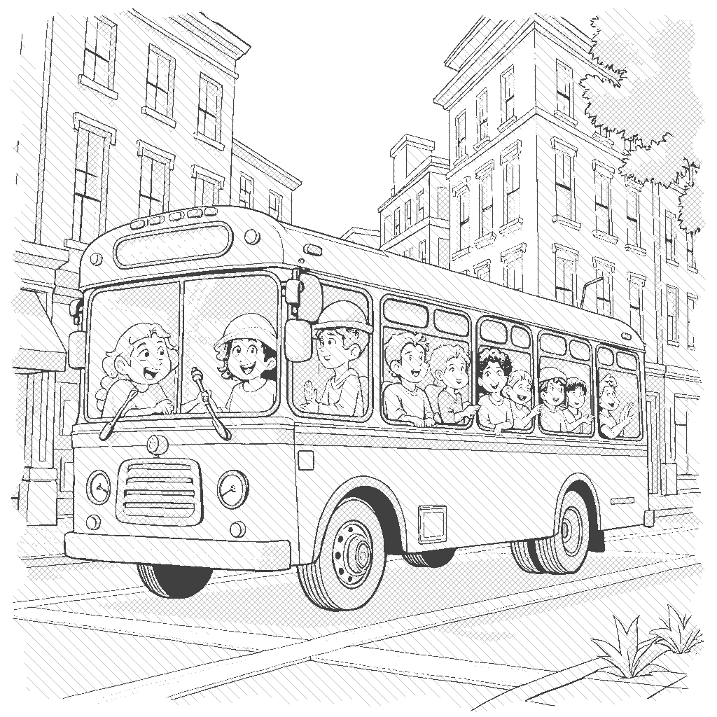 Coloring Page: City Bus Ride - A lively city bus full of colorful passengers as it makes its way down a busy street adorned with shops and tall buildings.