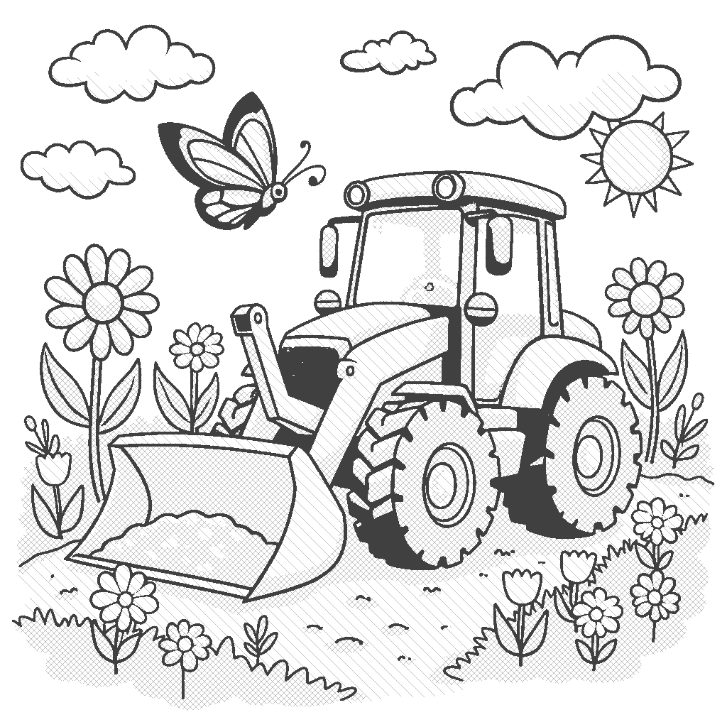 Coloring Page: Loader and the Garden - A front-end loader is moving soil among colorful flowers while a butterfly flutters nearby.