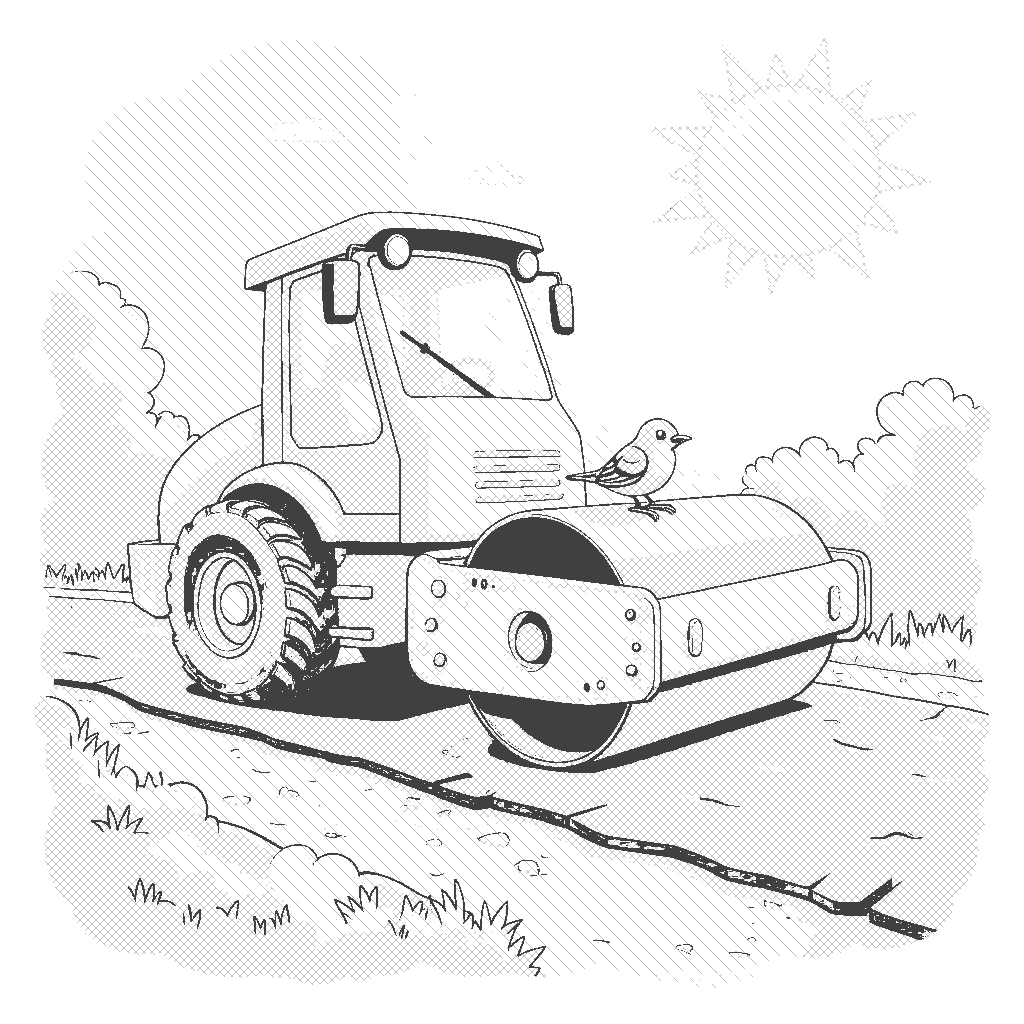 Coloring Page: Road Roller Rumble - Illustrate a bright orange road roller flattening asphalt on a freshly built road. A small bird is resting on the roller, enjoying the warmth from the sun as it rolls along.