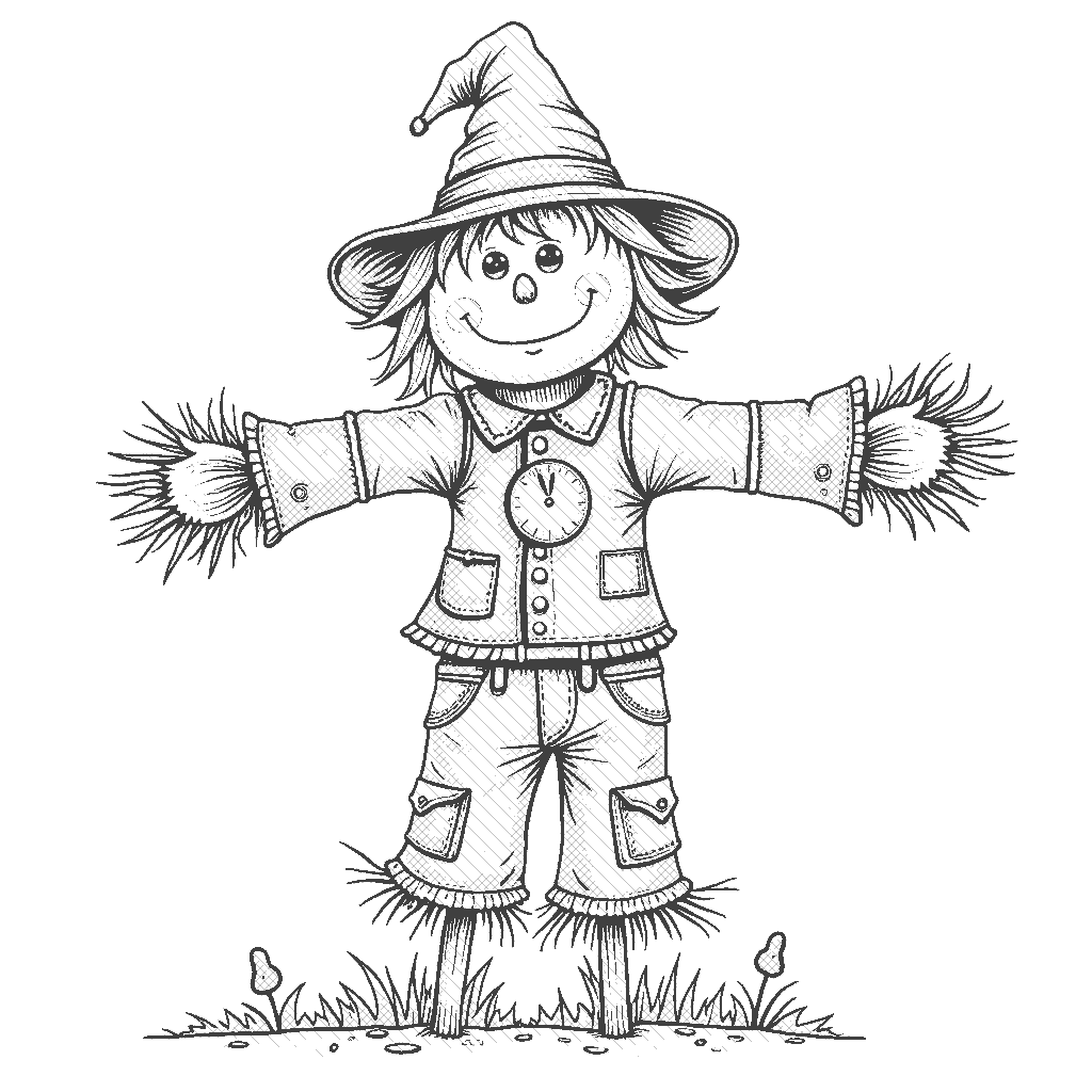 Coloring Page: Scarecrow's Watch - A whimsical scarecrow dressed in patched clothes, standing guard over a field of ripening corn, with colorful fall flowers blooming at its feet.