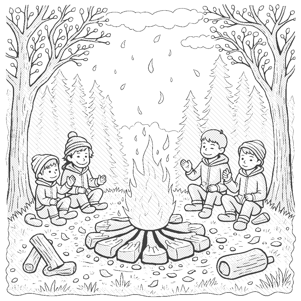 Coloring Page: Autumn Campfire Gathering - An open campsite with a glowing campfire, friends roasting marshmallows, surrounded by trees adorned in fiery red foliage.
