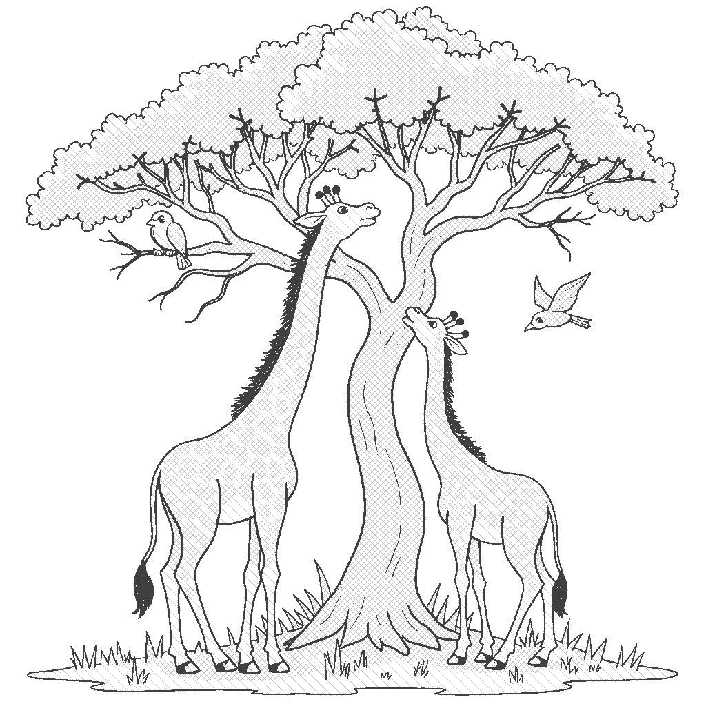 Coloring Page: Tall Trees and Tall Neck - A graceful giraffe reaching up to munch on leaves from the top of a tall acacia tree, with birds perched nearby.