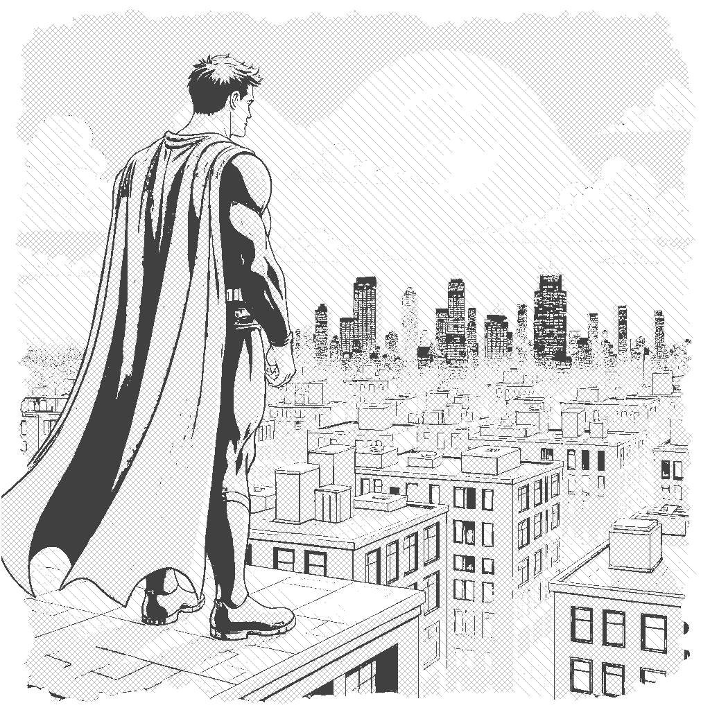 Coloring Page: Nighttime Vigilante - A superhero in a dark cape stands on a rooftop, overlooking a city skyline at night, with a full moon shining bright.