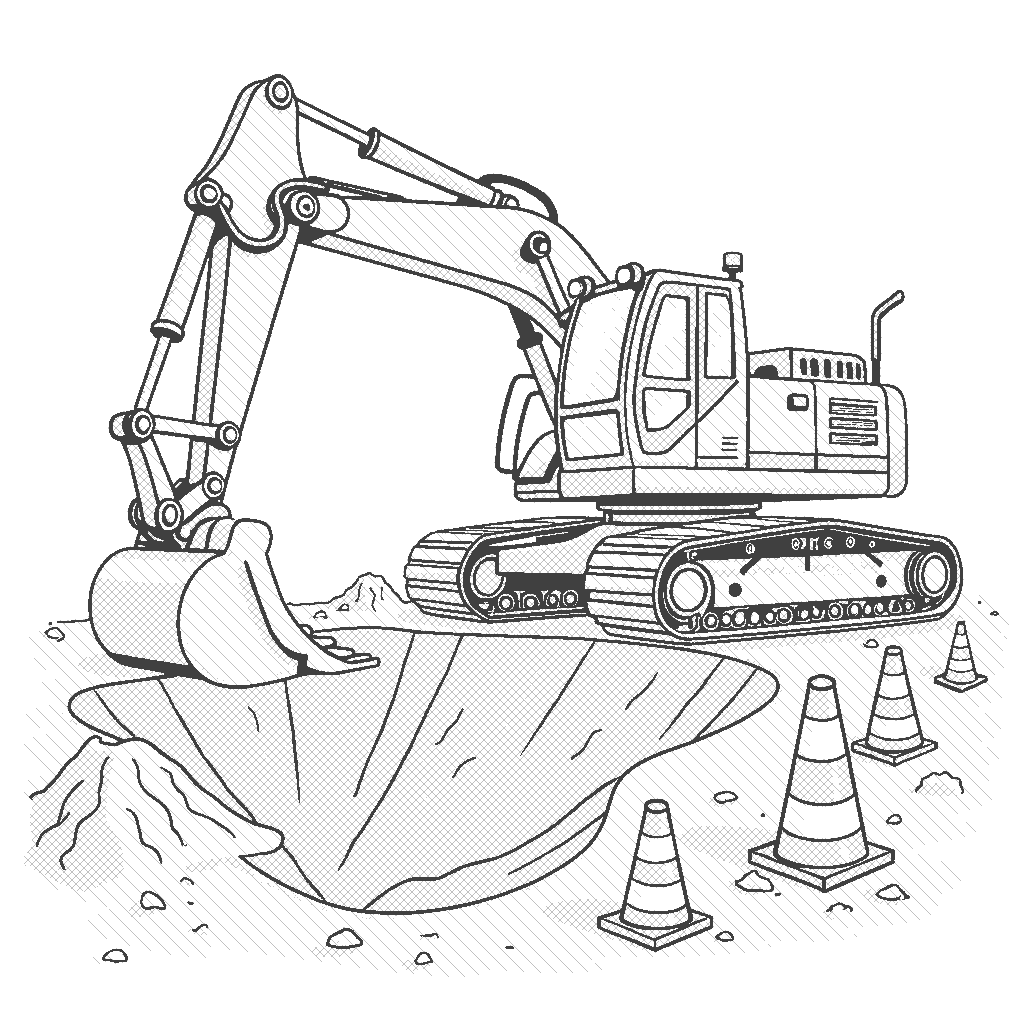 Coloring Page: Excavator Adventure - An excavator is digging a big hole on a construction site, surrounded by dirt piles and construction cones.