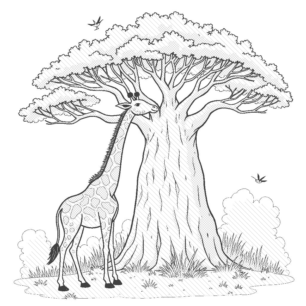 Coloring Page: Giraffe and the Baobab Tree - A tall giraffe reaching up to munch on leaves from a giant baobab tree. The tree is spreading wide with a few small birds perched on its branches, adding to the scene's charm.