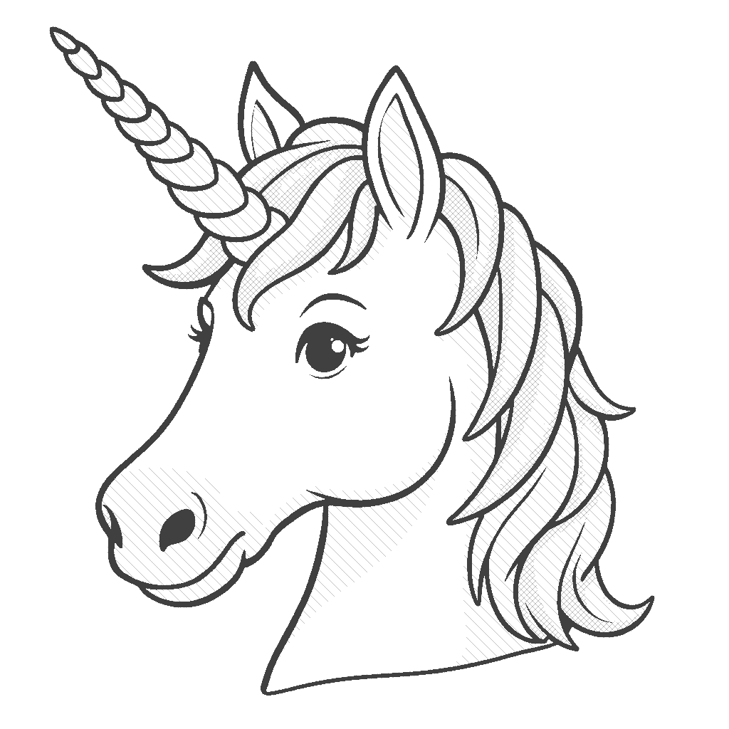 Coloring Page: Unicorn with a Magical Horn - A close-up of a unicorn's face, showcasing its glittering, spiral horn that sparkles with magical energy, surrounded by swirling stars.