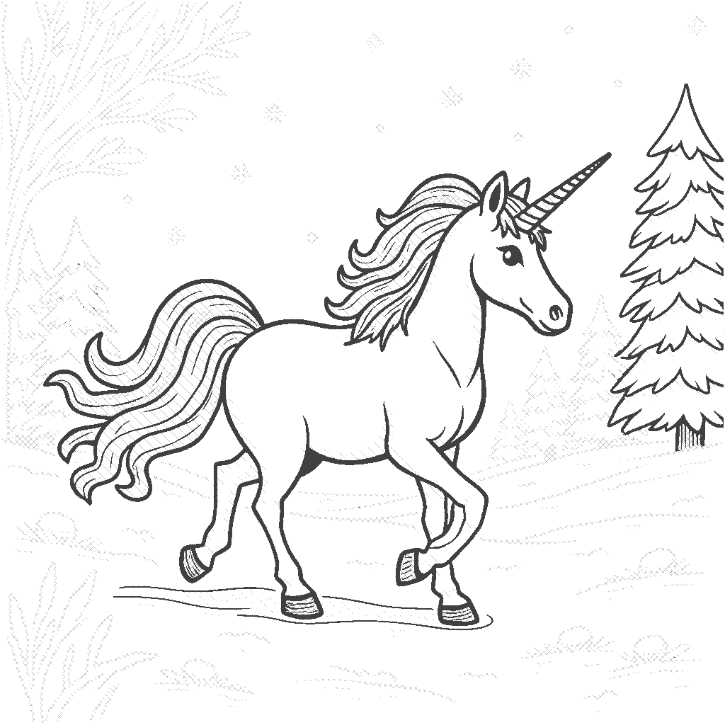Coloring Page: Unicorn in a Winter Wonderland - A unicorn trotting through a snowy landscape, its mane adorned with icicles, and snowflakes gently falling from the sky.