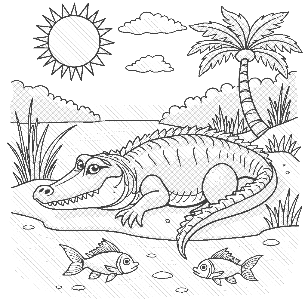 Coloring Page: Crocodile's Sunbathing - A crocodile basking on a riverbank, soaking in the sun. Nearby, some colorful fish can be seen swimming in the water.