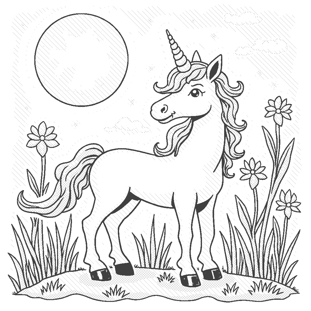 Coloring Page: Unicorn Under the Moonlight - A serene unicorn gazing up at a glowing full moon in a starry night sky. The scene is illuminated by moonlight reflecting off a tranquil lake.