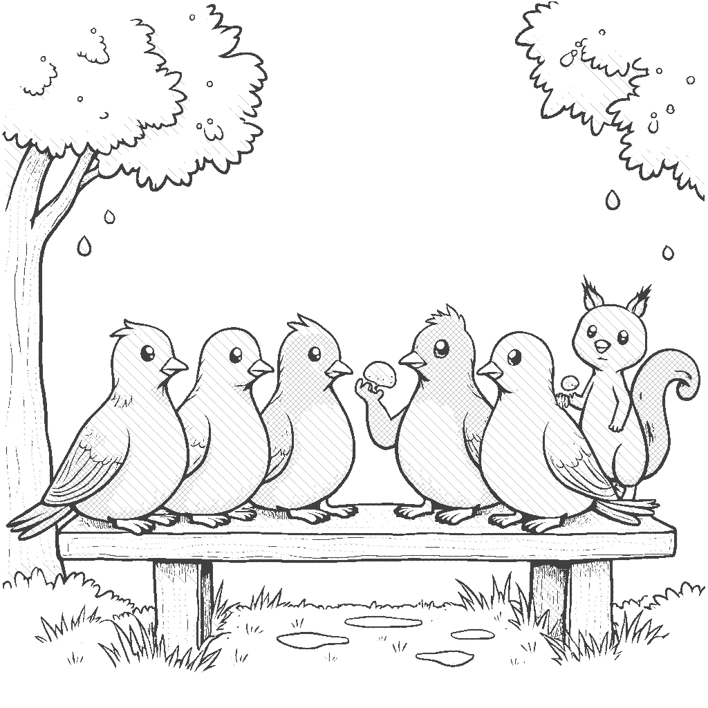 Coloring Page: Pigeon Picnic - A group of pigeons having a picnic on a park bench, sharing breadcrumbs with a friendly squirrel who wants to join the fun.