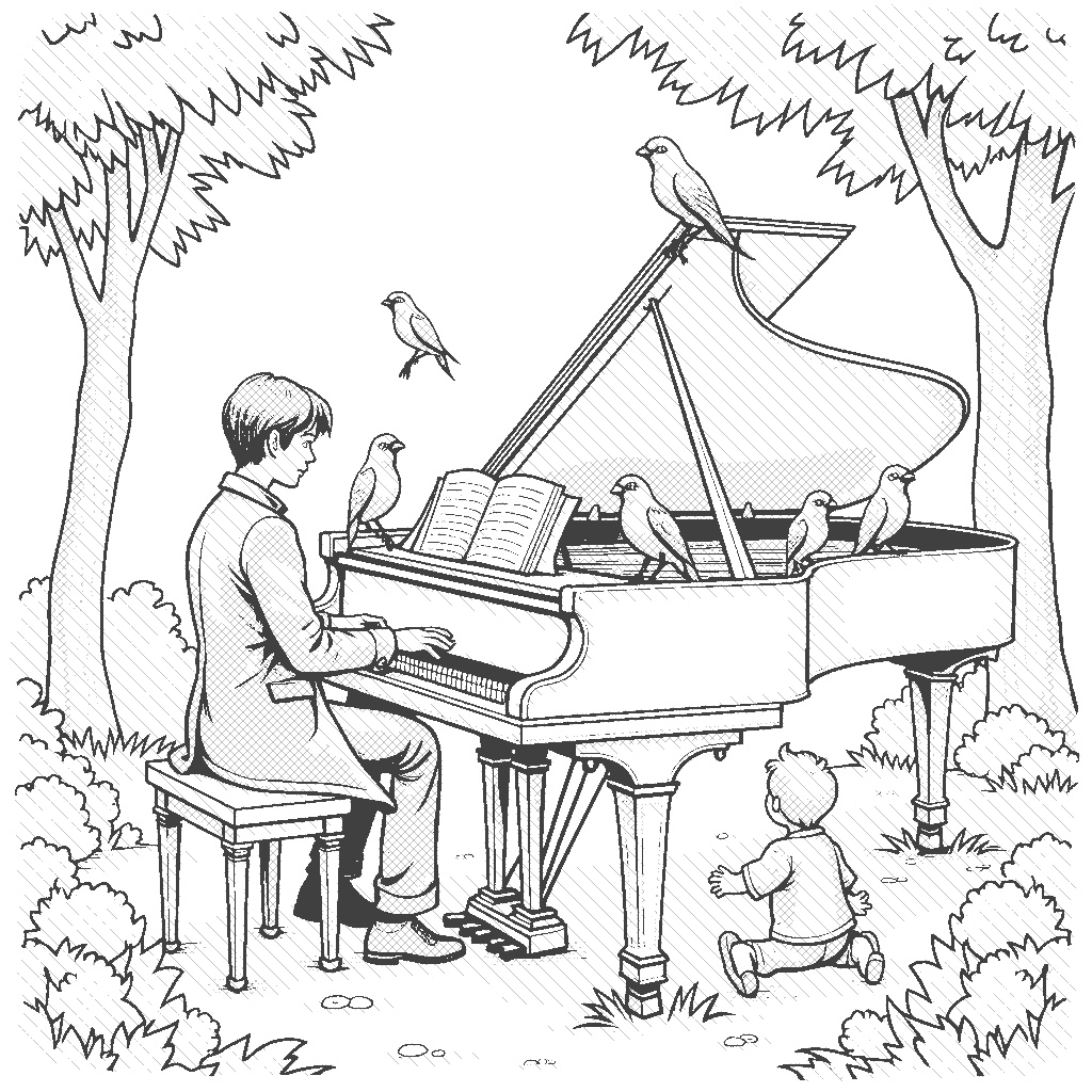 Coloring Page: Piano in the Park - A pianist playing an elegant grand piano in a park. Colorful birds are perched on the piano while children play nearby, enjoying the music.
