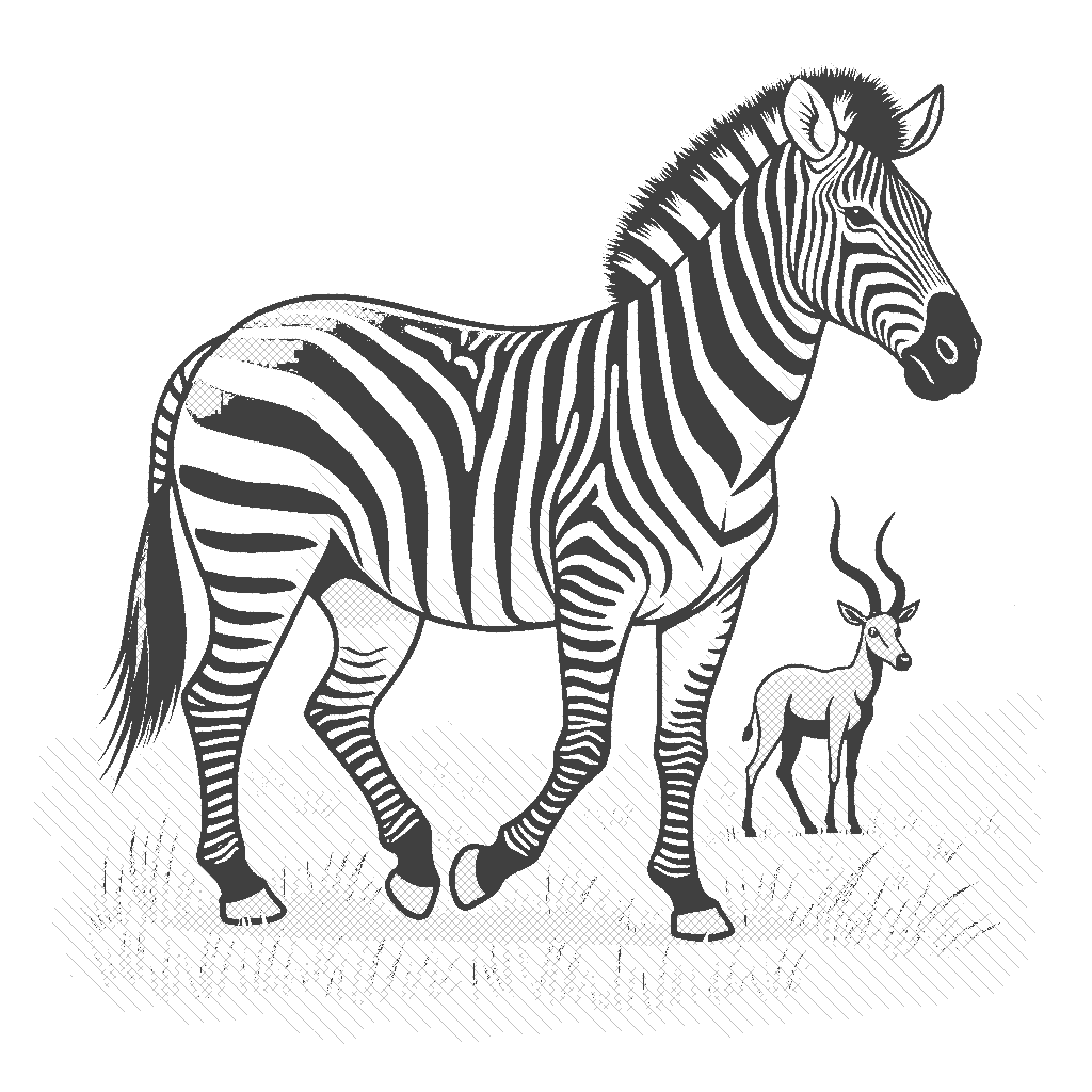 Coloring Page: Zebra's Striped Journey - A zebra walking gracefully across the savannah, with its distinct black and white stripes standing out against the golden grass. A small antelope is grazing in the background.