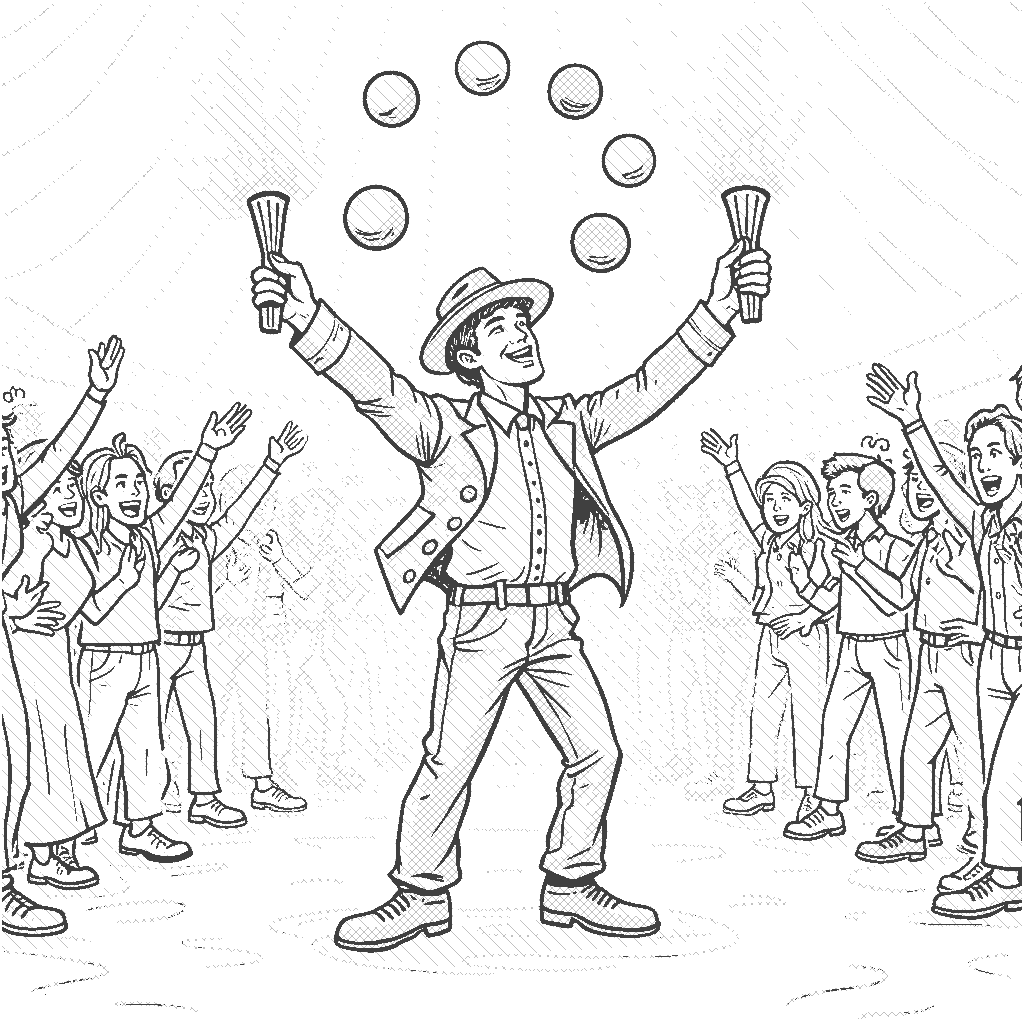 Coloring Page: Juggler's Performance - A lively circus scene where a juggler is showcasing their talent, juggling colorful balls and flaming torches, with an excited audience clapping and cheering.