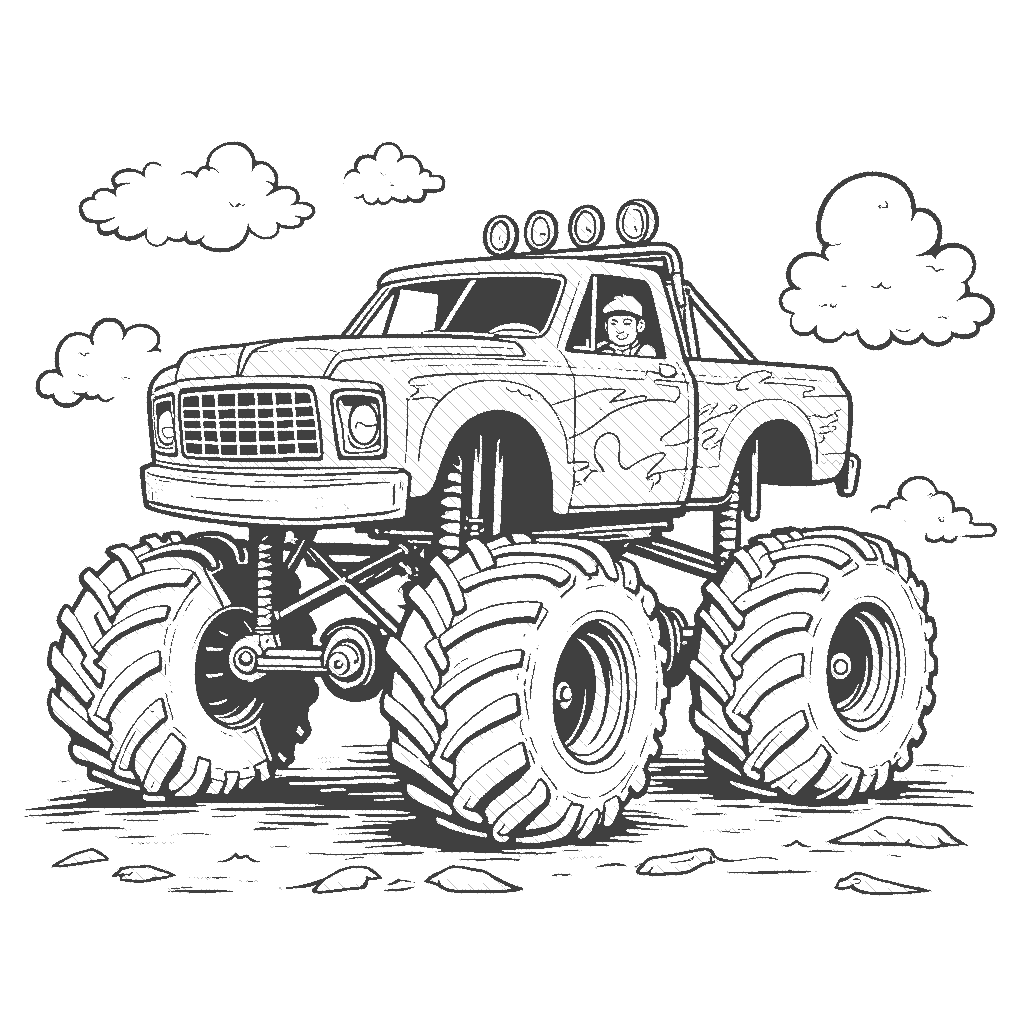 Coloring Page: Monster Truck Rally - A huge monster truck with bright blue paint and flame decals ramping over a pile of colorful tires under a sunny sky.
