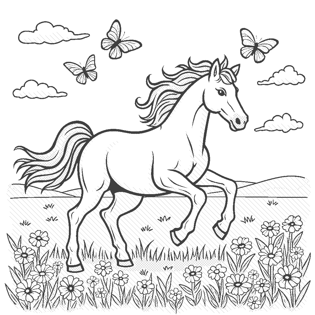 Coloring Page: Horse Riding in a Field - A horse is galloping across a wide green field, with wildflowers blooming and butterflies fluttering in the air.
