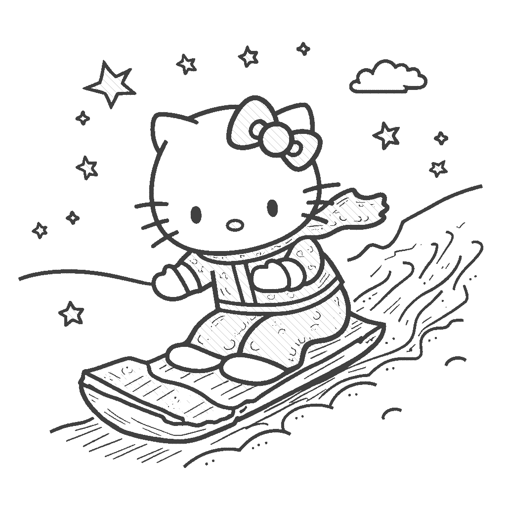Coloring Page: Hello Kitty Sledding - An adventurous Hello Kitty sledding down a snowy hill, her cheeks rosy from the cold. She's wearing a purple parka and a cheerful smile, as snow sprays up around her sled.